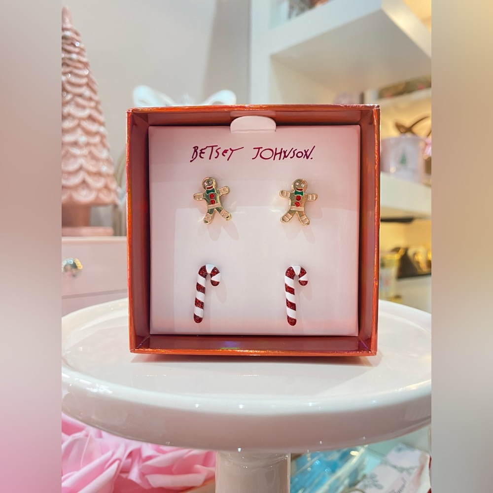 NEW BETSEY JOHNSON CHRISTMAS EARRINGS - GINGERBREAD COOKIE AND CANDY CANE